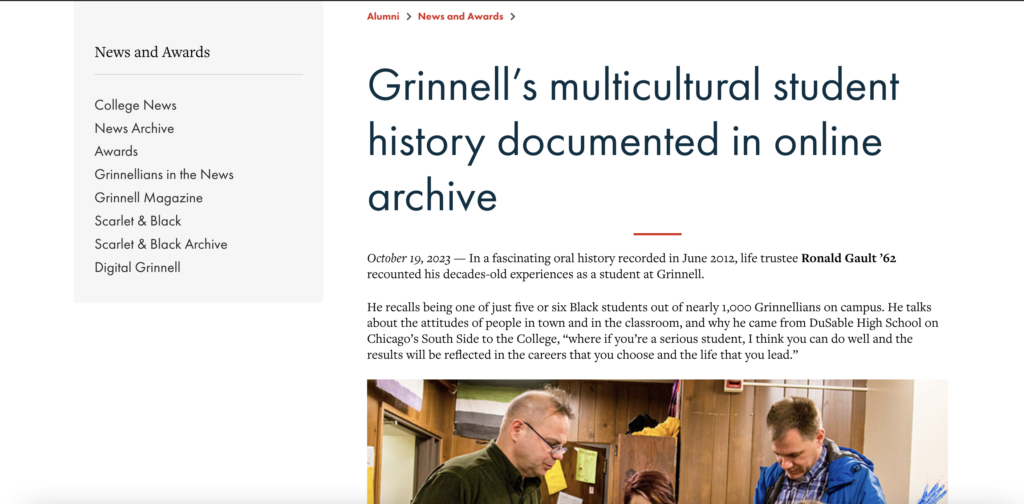 Screenshot of article on Grinnell website
